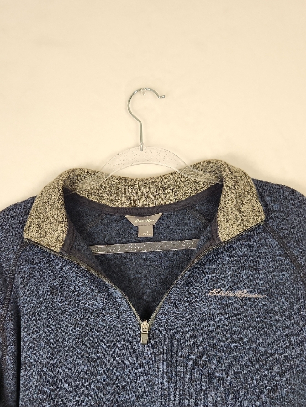 Eddie Bauer Men's L Quarter Zip Pullover Heather Navy Blue with Gray Collar - Picture 4 of 16